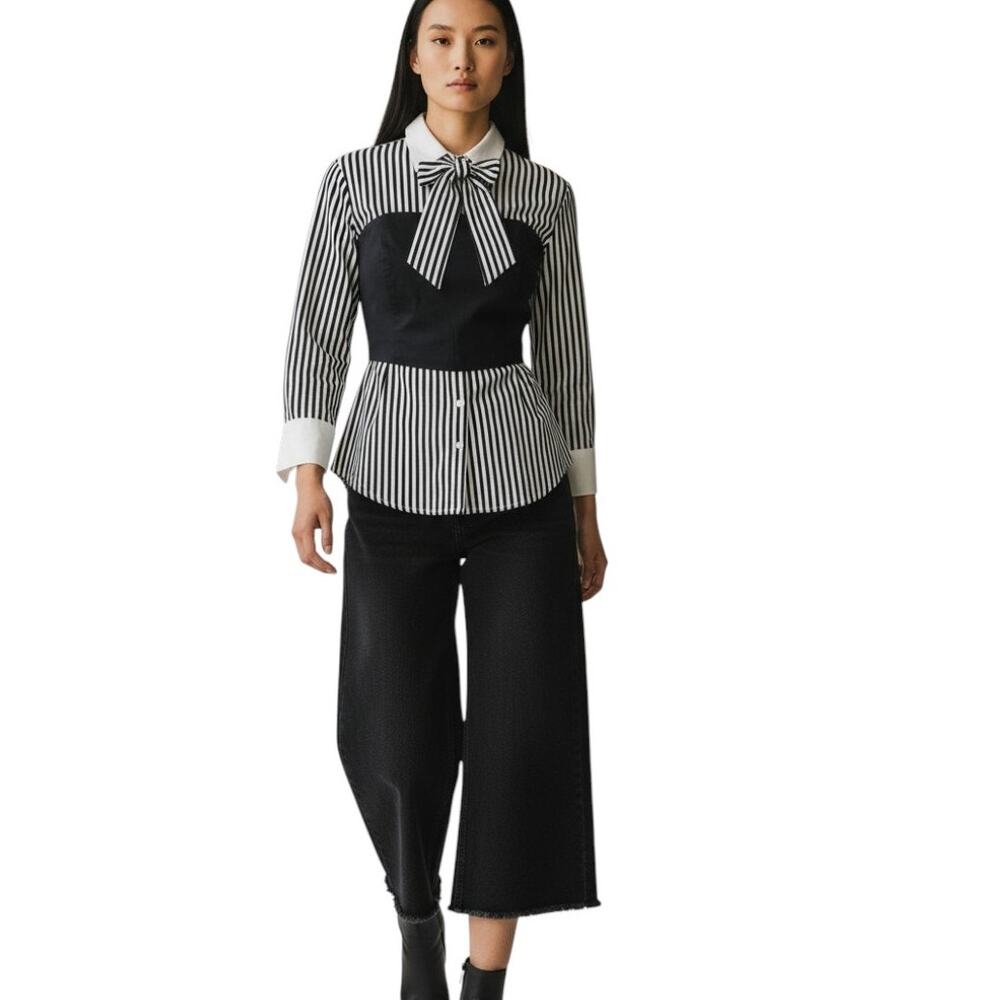 New York & Company Button Front Top Stripped w/Corset and 2 ties